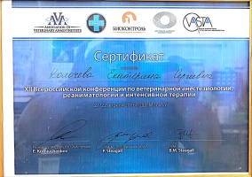 Сертификат (12я Всероссийская конференция по ветеринарной анестезиологии, реаниматологии и интенсивной терапии 2016 год Москва)